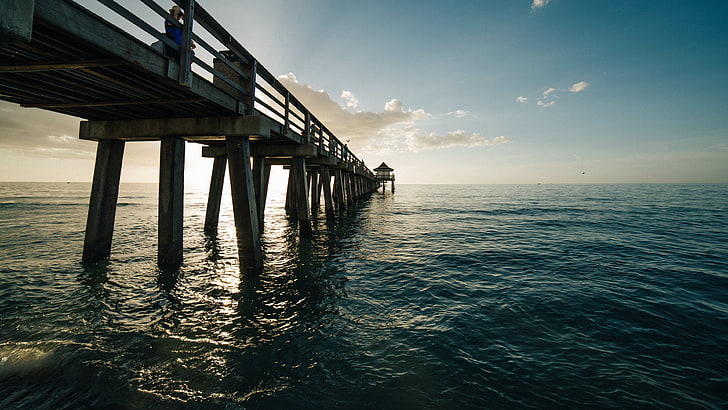 sea, water, naples pier, sky, horizon, ocean, florida, coast, HD wallpaper