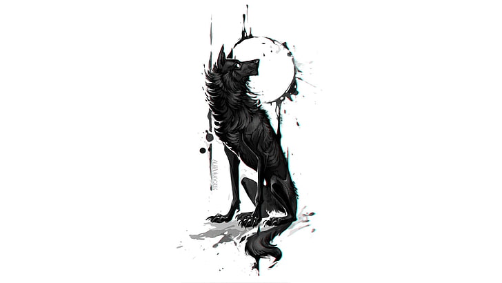 black wolf illustration, traditional art, abstract, white background
