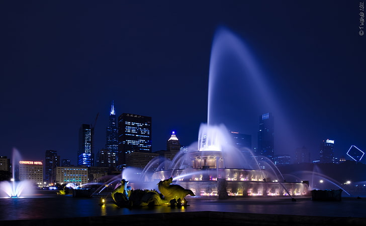 Buckingham Fountain, outdoor water fountain, City, Night, Chicago, HD wallpaper