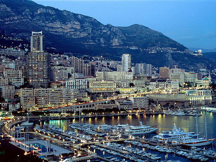 gray high-rise building, cityscape, Monaco, boat, harbor, mountains