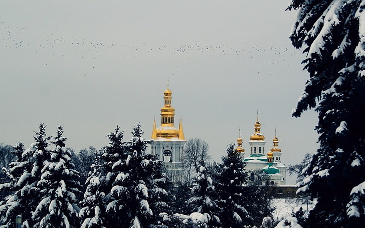 gold and white temple, city, winter, snow, church, trees, pine trees