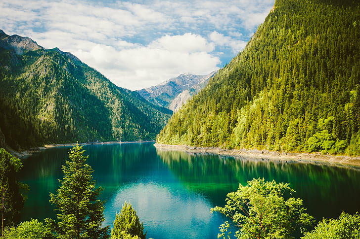 body of water surrounded of green leaf trees, Village, jiuzhaigou, HD wallpaper