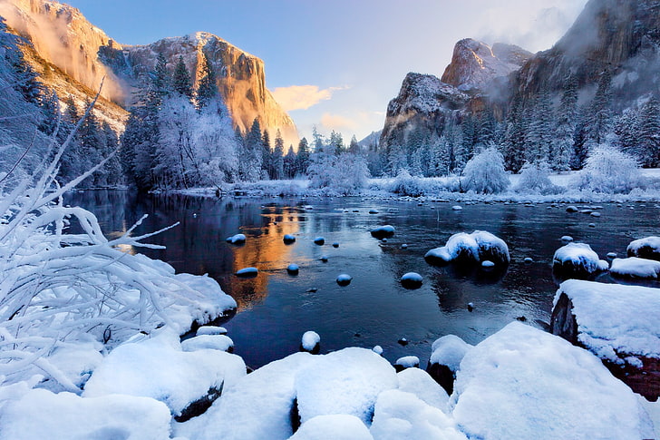 body of water, snow, trees, Yosemite National Park, winter, cold temperature, HD wallpaper