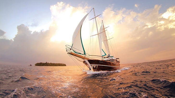 Sea, ship, sailboat, water, sunset, clouds, brown and white sail boat, HD wallpaper