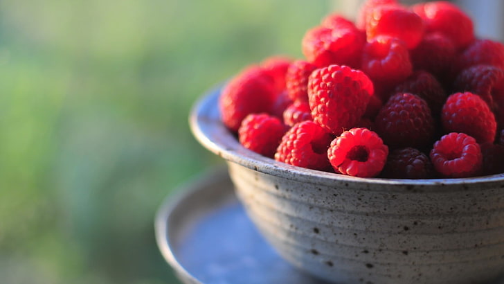 red berries in gray steel plate, raspberries, food, food and drink