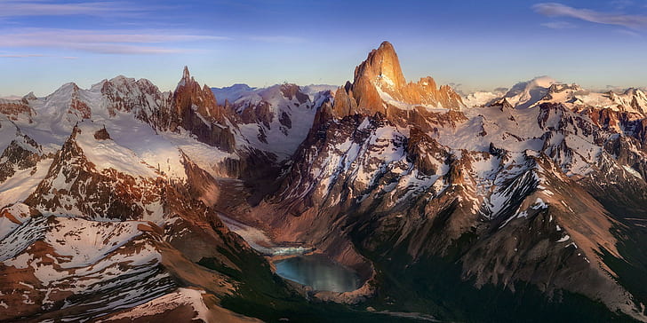 mountains, lake, snowy peak, Andes, Patagonia, Argentina, aerial view