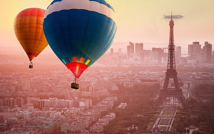 blue and red table lamp, Paris, hot air balloons, built structure, HD wallpaper