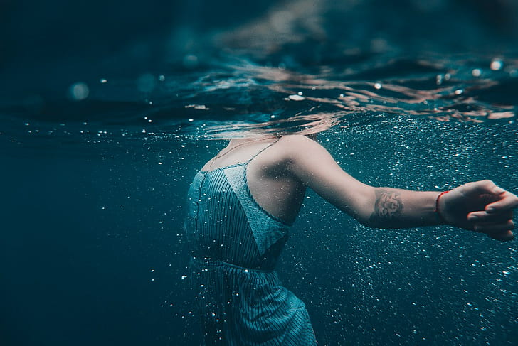 Chill Out, underwater, no bra, blue dress, nipples through clothing, HD wallpaper