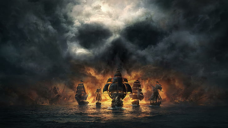 pirates, Pirate Flag, Pirate ship, skull, clouds, sea, fire