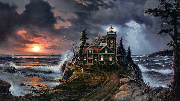 Stormy Lighthouse Oil Painting, abstract, paintings, lighthouses, HD wallpaper