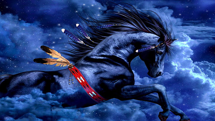 fantasy art, horse, dream, cloud, stars, starry, night, feather, HD wallpaper