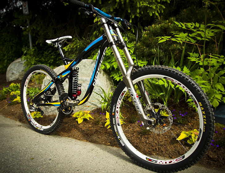 blue and black full-suspension bike, bicycle, Downhill mountain biking