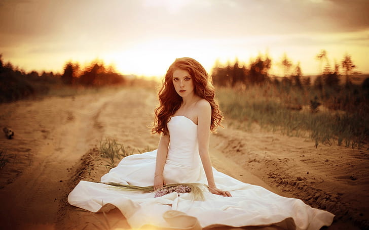 Beautiful bride, girl, white dress, sand, road, HD wallpaper