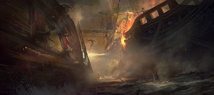 fantasy art, artwork, pirates, ship, naval battles, HD wallpaper