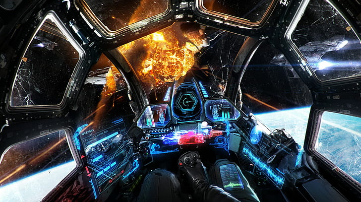 space, explosion, war, digital art, artwork, dragon, HUD, cockpit