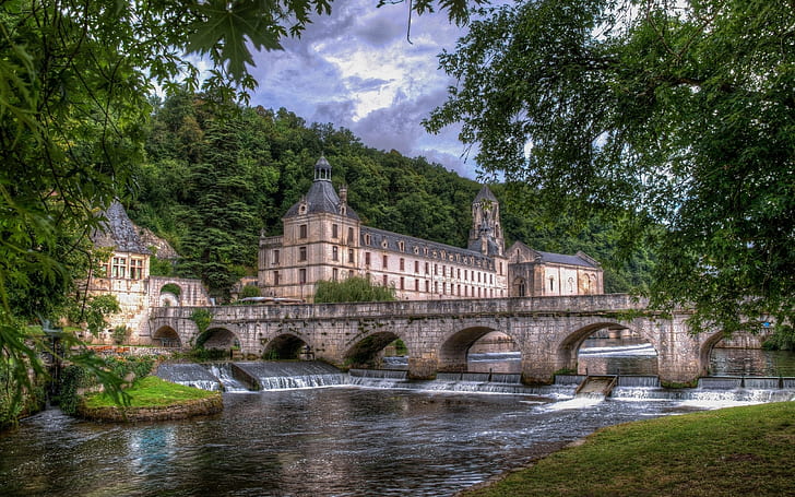 Brantome, Dordogne, France, river, houses, trees, HD wallpaper