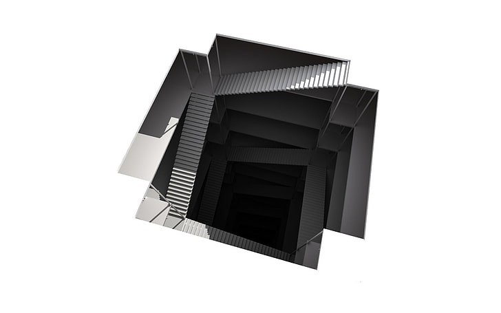 black wooden 3-layer shelf, render, CGI, abstract, stairs, white background