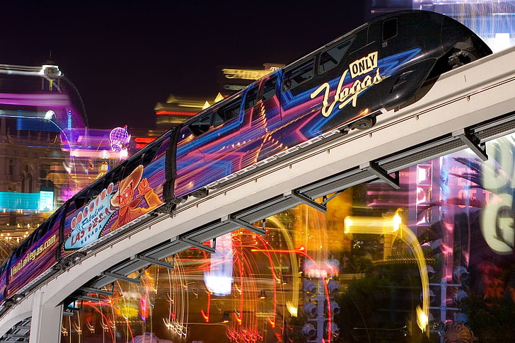 black and red roller coaster, Las Vegas, long exposure, night, HD wallpaper