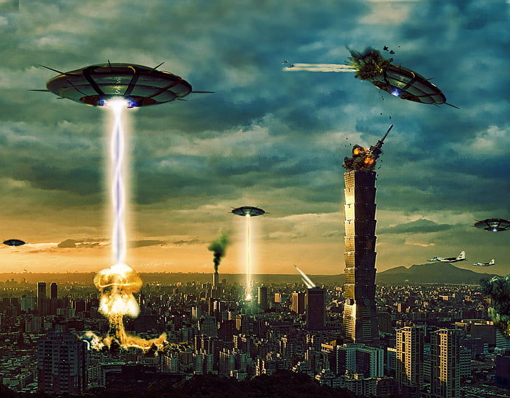 aliens, architecture, battles, buildings, cities, destruction, HD wallpaper