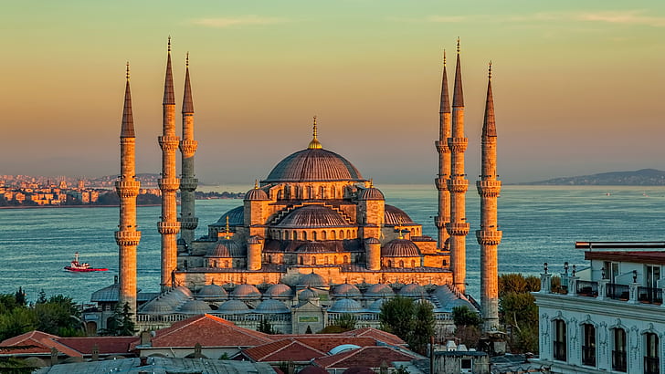Sultan Ahmed Mosque, Turkey, Istanbul, sunrise, 4k