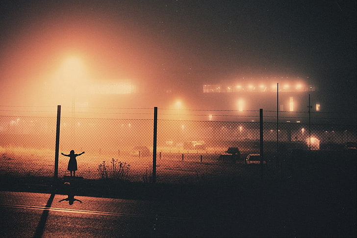 photography, chain-link, mist, building, lights, road, night