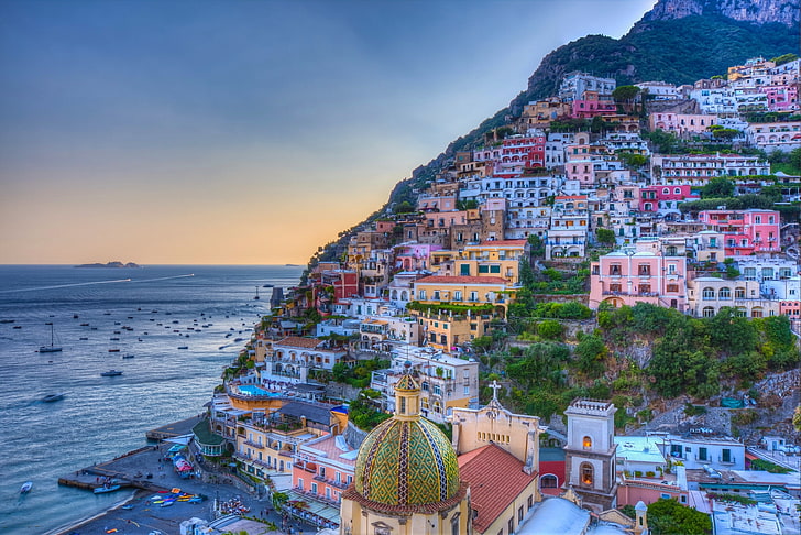 sea, landscape, coast, building, Italy, Bay, Campania, Amalfi Coast, HD wallpaper