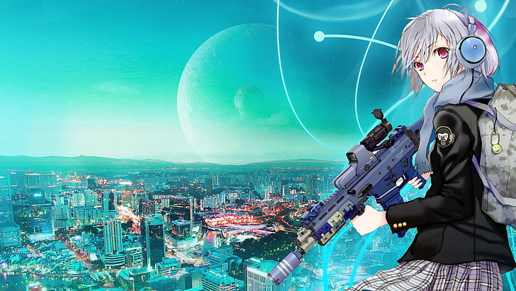 anime girls, sniper rifle, architecture, building exterior