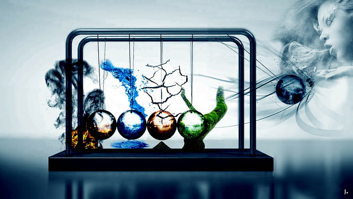 elements  four elements  Newtons cradle  simple background  balls  science  air  abstract  Earth  wind  women  digital art  fire  nature  ball  water