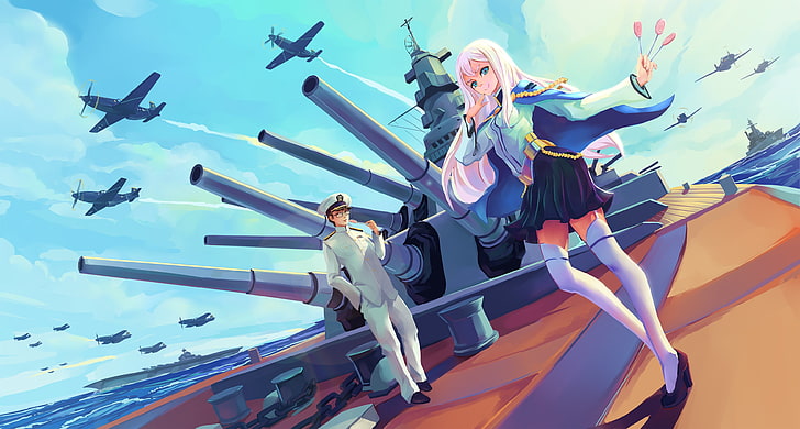 anime girls, battleships, original characters, captain , thigh-highs