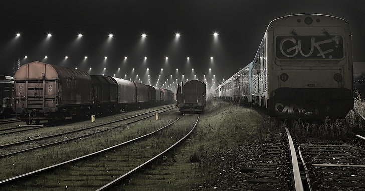 mist, lights, train, railway, landscape, urban, technology