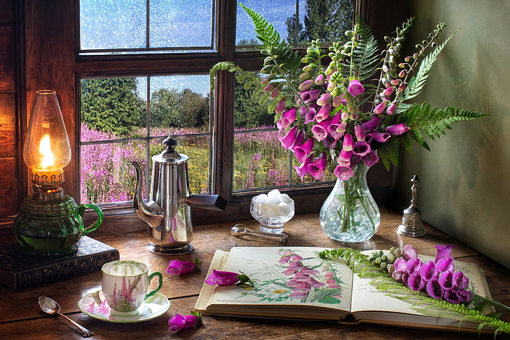 flowers, style, lamp, bouquet, window, mug, Cup, sugar, book, HD wallpaper