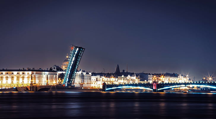 cityscape, bridge, river, lights, St. Petersburg