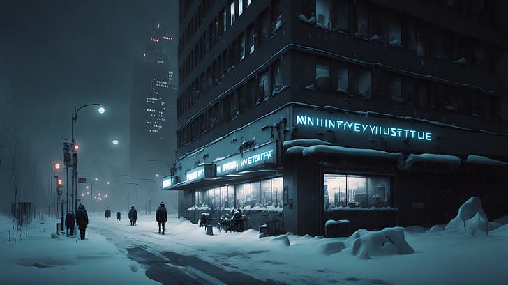 AI art, winter, snow, city, cyberpunk, Blade Runner