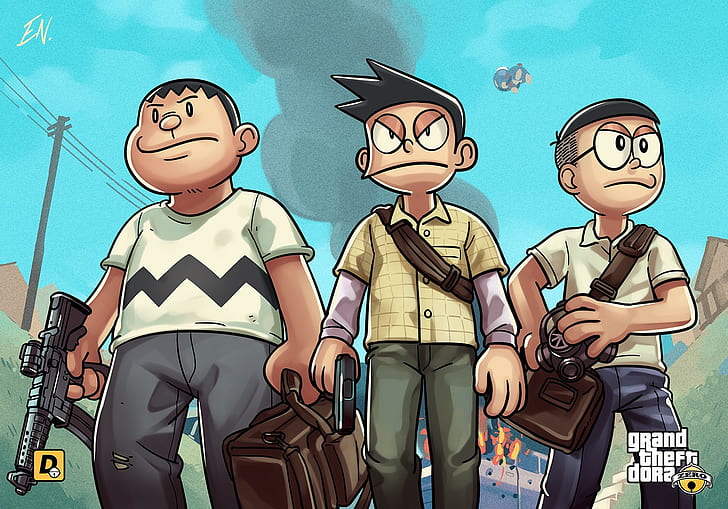Doraemon characters, three boys anime character digital wallpaper