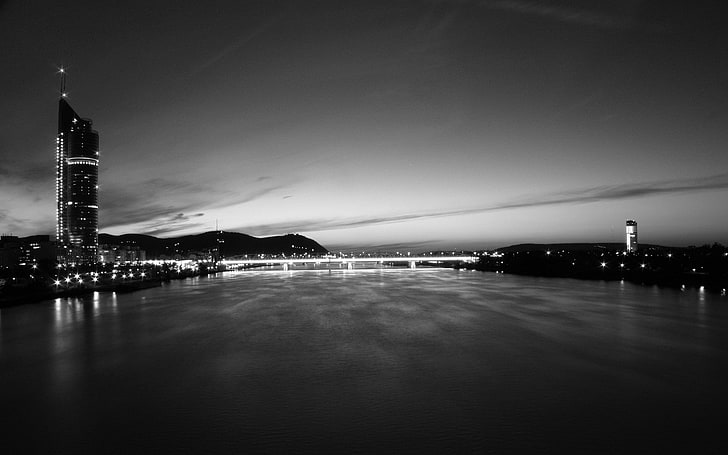 photography, urban, cityscape, river, bridge, monochrome, Vienna, HD wallpaper