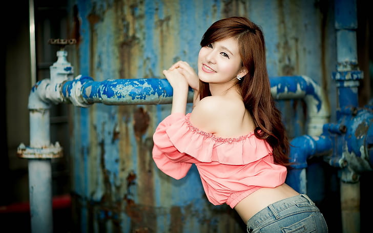 Smile asian girl, pink dress, HD wallpaper