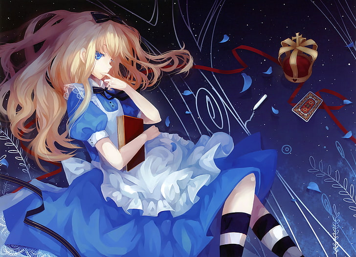dress, anime girls, crown, Alice in Wonderland, blue, indoors
