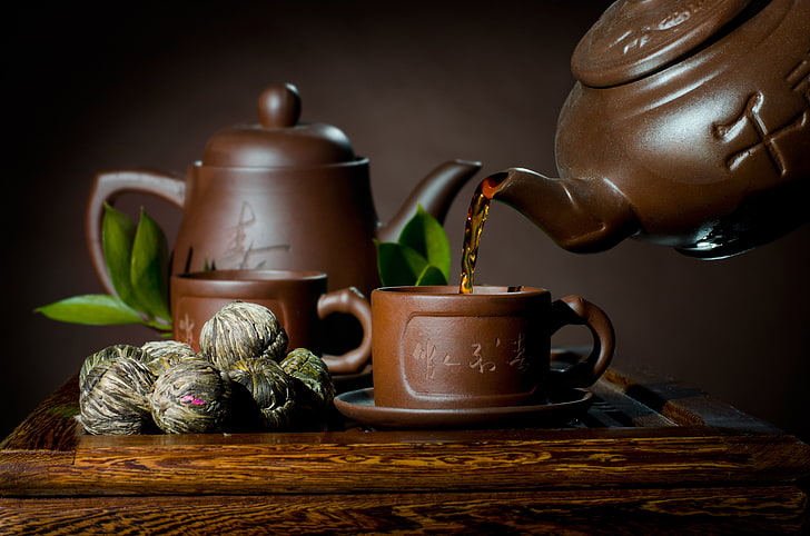 brown ceramic teapot and teacup, kettle, saucer, leaves, welding, HD wallpaper