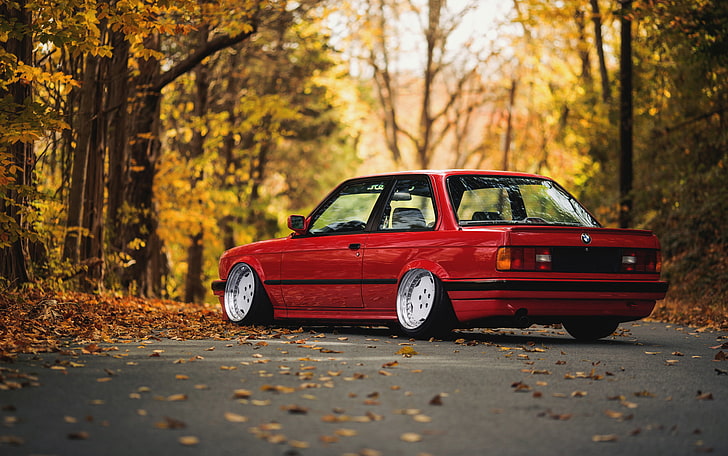 red BMW coupe, road, autumn, forest, leaves, E30, HD wallpaper