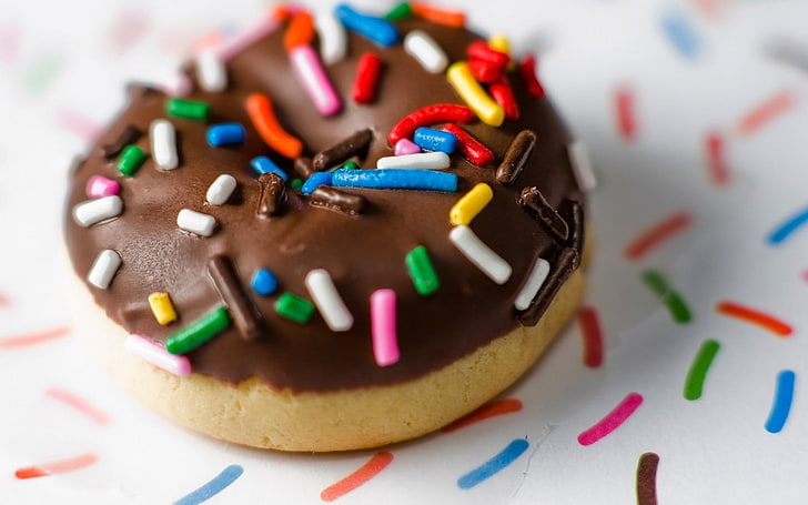 chocolate donuts with sprinkles, food, sweets, candies, sweet food