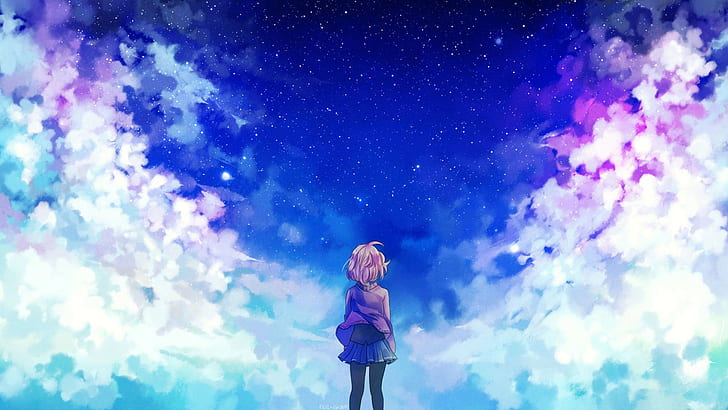 Hd Wallpaper Kuriyama Mirai Anime Girls Clouds Stars Kyoukai No Kanata Wallpaper Flare