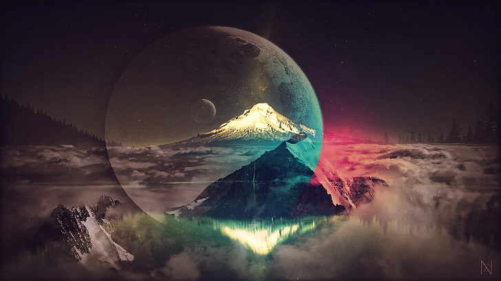 moon and mountain illustration, artwork, planet, blue, pink, red