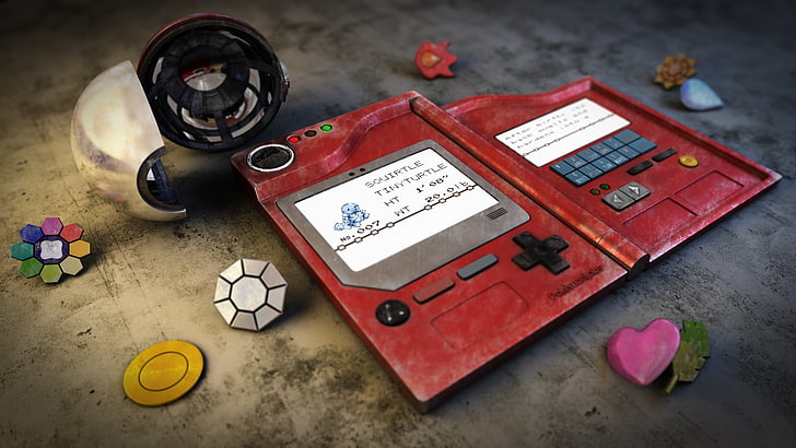 red and gray Pokedex, red portable game console, Pokémon, realistic