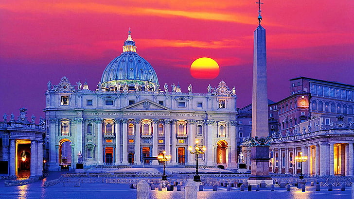 cityscape, pink sunset, pink sky, st peter square, st peter basilica