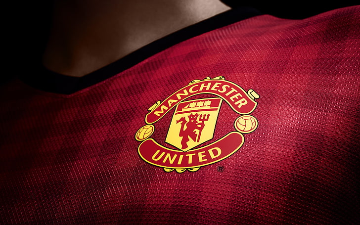 red, black, and yellow Manchester United shirt, logo, new set, HD wallpaper