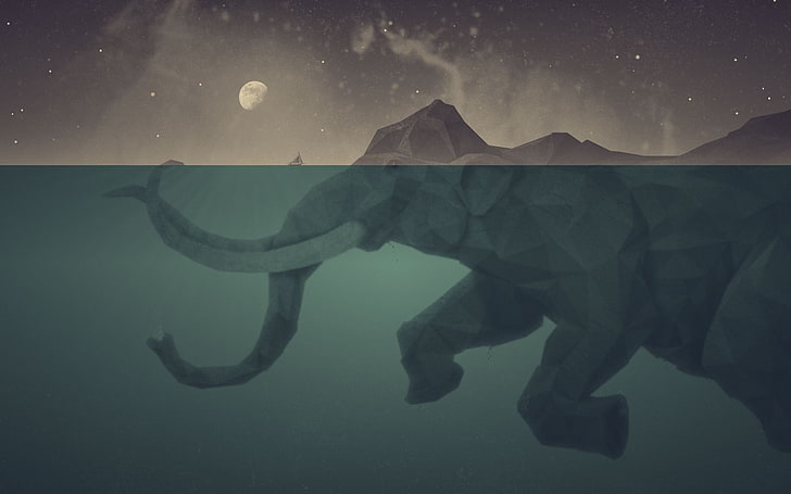 artwork, boat, Elephants, fantasy Art, Low Poly, Mammoths, Moon