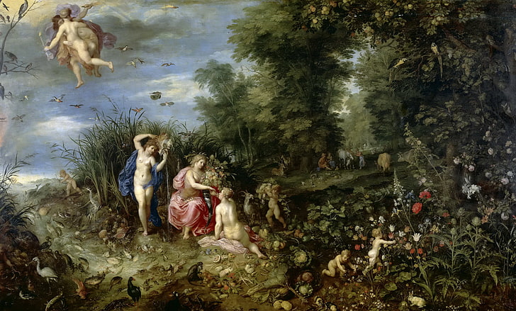 group of people in forest painting, flowers, nature, picture