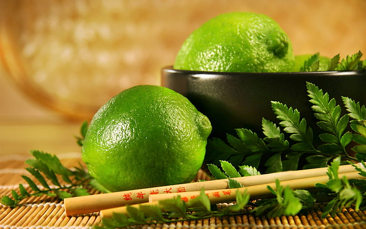 Fresh fruit, lime, green lemon, leaves