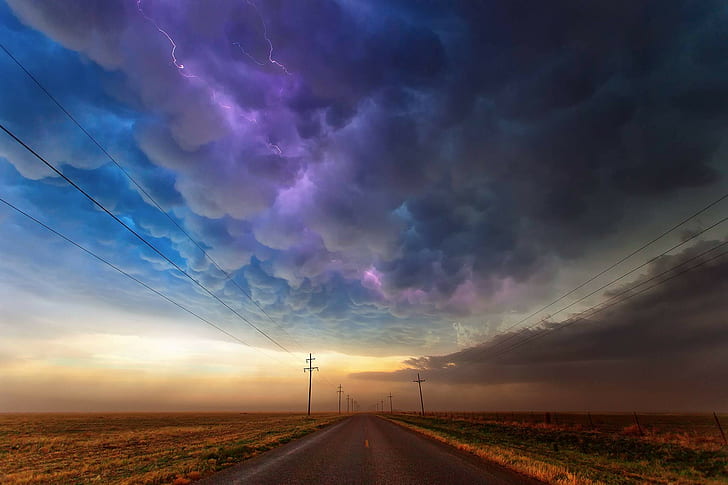 road, power lines, lightning, clouds, utility pole, sky, purple