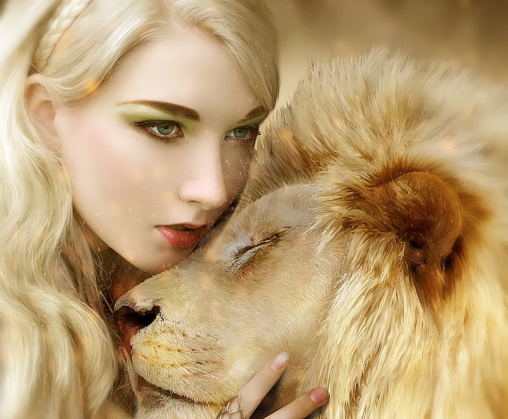 HD wallpaper: brown hair woman illustration, cat, girl, predator, Leo, hugs...